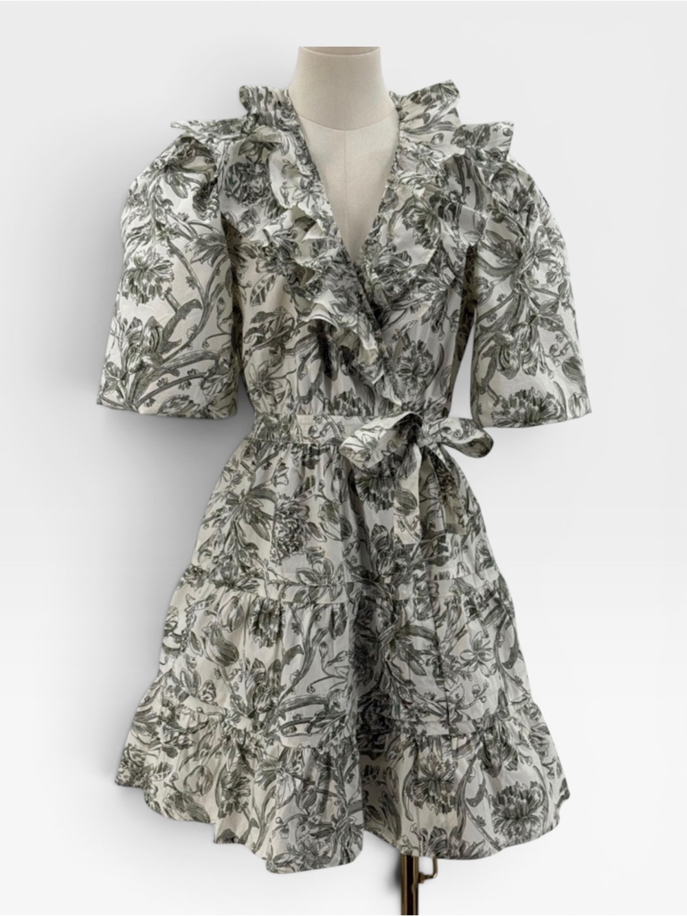Caroline Constas Floral Wrap Short Sleeve Mini Ruffle Dress Cream Olive SMALL